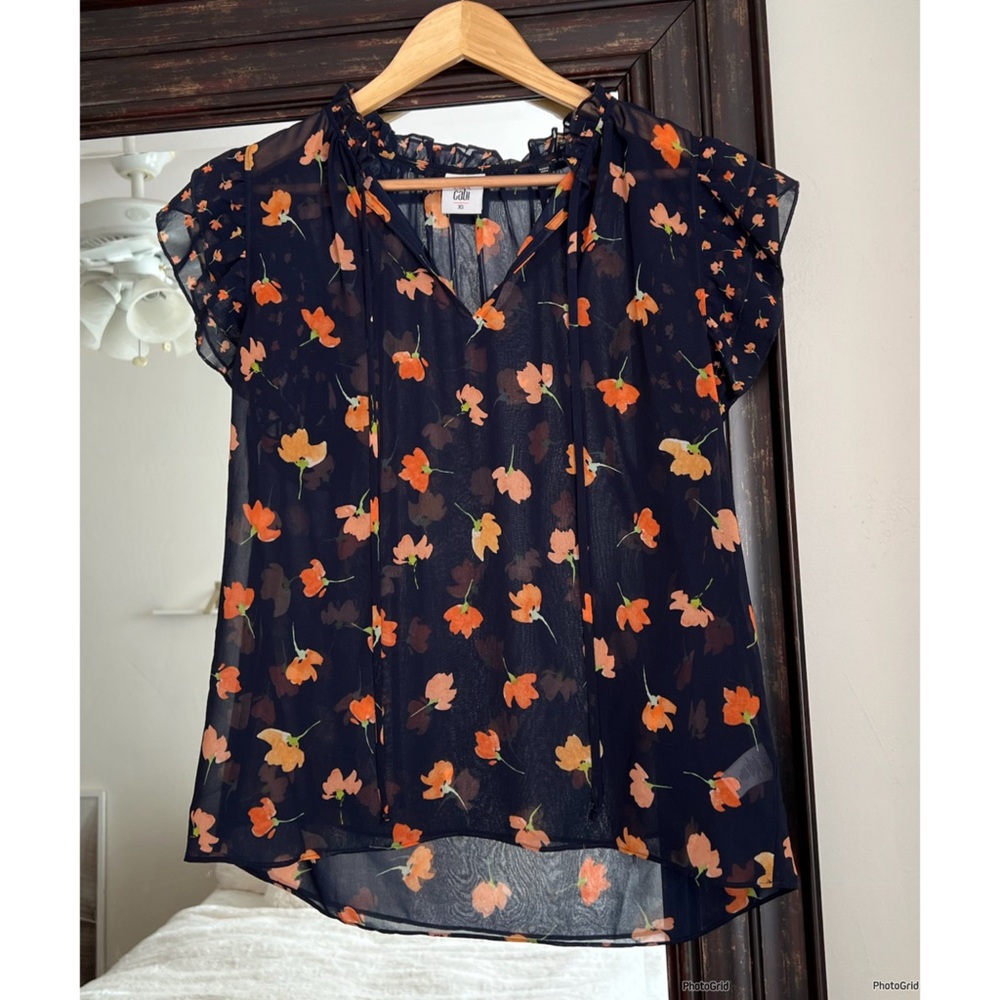 Cabi Sheer Navy Floral Flutter Sleeve Top #5522 - Picture 2 of 5